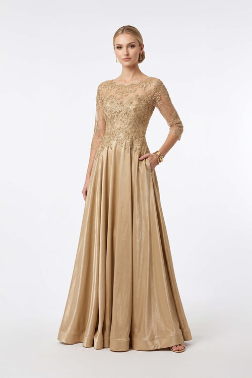 Luciana Lace Embroidered A-Line Long Vestido 421479 ORO