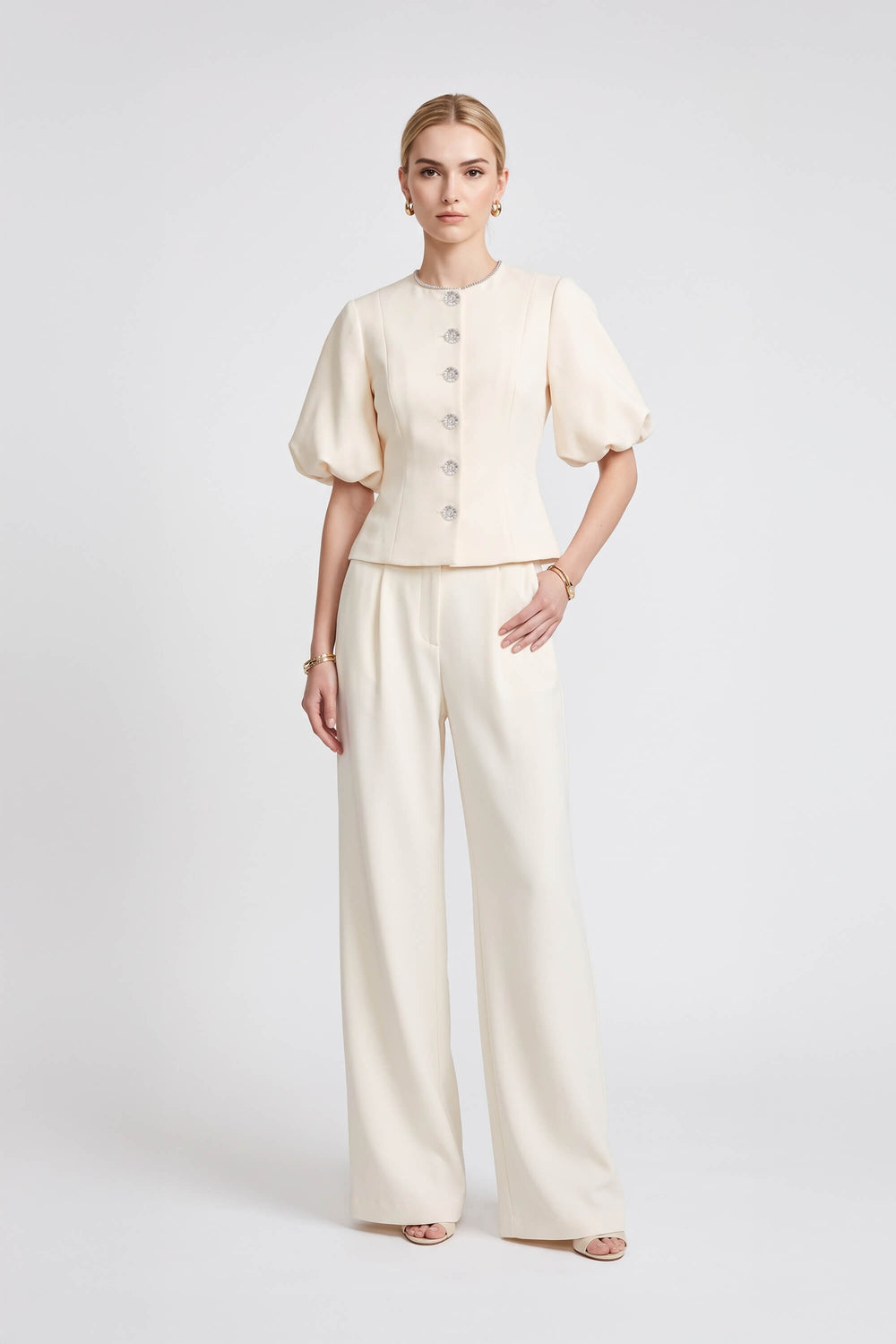 Alexa Jewel-Button Wide-Leg Pantalón Conjunto 532135 BEI