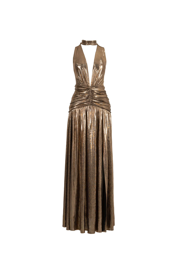 Inés Metallic Plunging Halter Maxi Vestido 526210 DOR