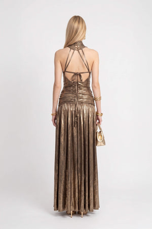 Inés Metallic Plunging Halter Maxi Vestido 526210 DOR