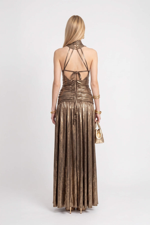 Inés Metallic Plunging Halter Maxi Vestido 526210 DOR