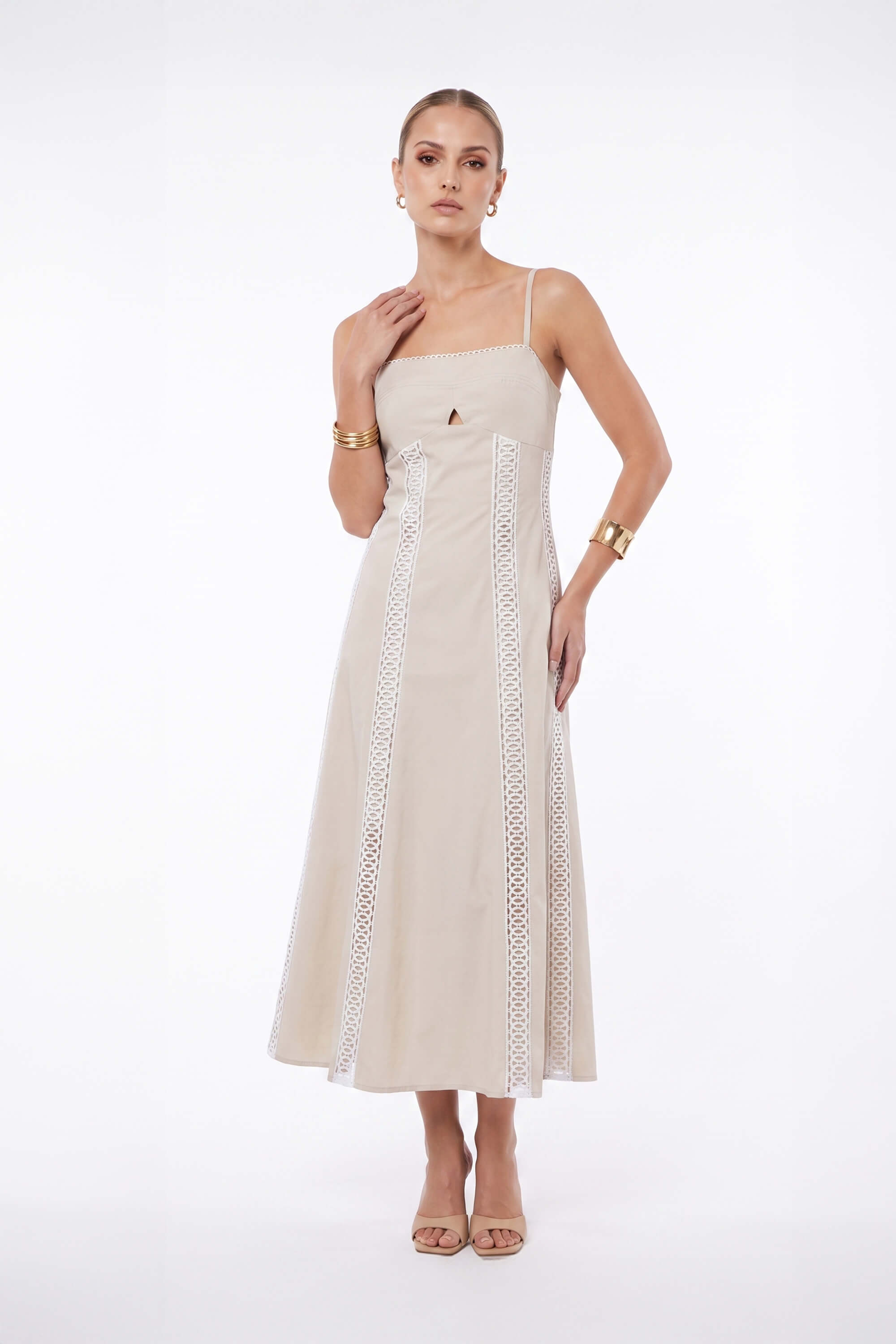 Martina Cutout Lace-Trim Midi Vestido 526233BEI