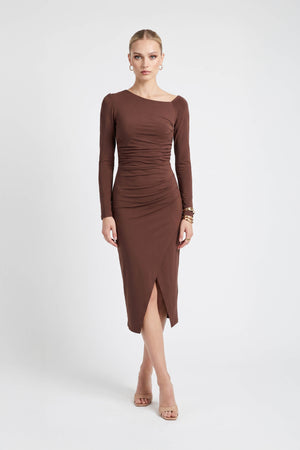 Elena Asymmetric Ruched Midi Vestido 526255 CAF