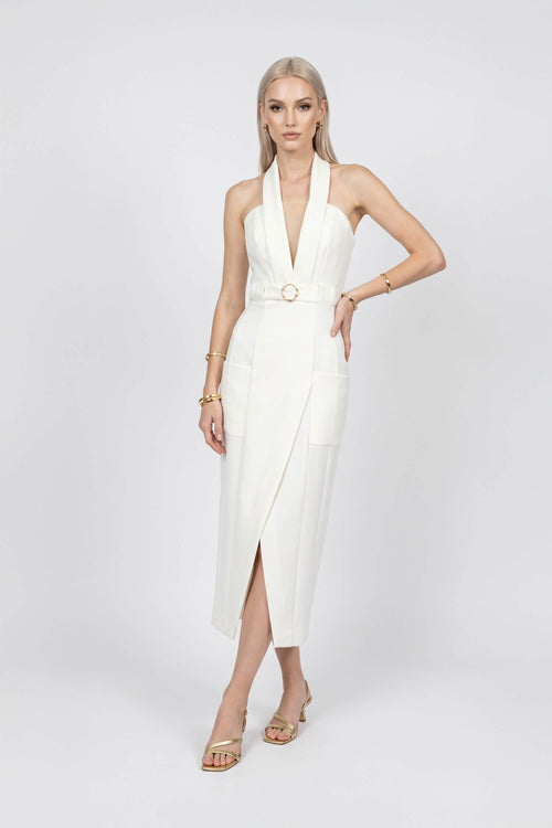 Elena Halter Wrap-Front Belted Midi Vestido 526272 HUE