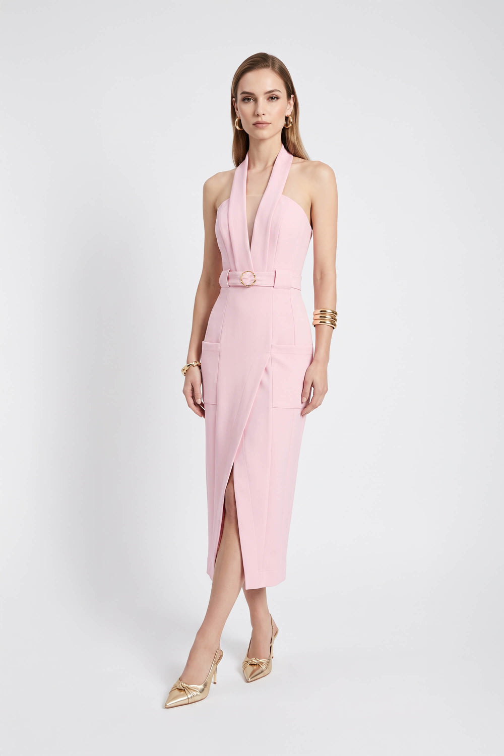 Elena Halter Wrap-Front Belted Midi Vestido 526272 ROS