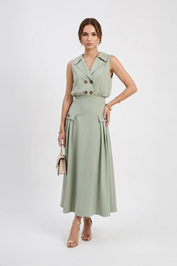 Antonia Notch-Lapel Double-Breasted Midi Vestido 526276MUS