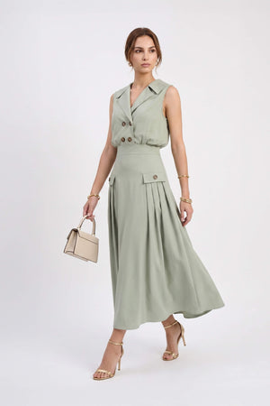 Antonia Notch-Lapel Double-Breasted Midi Vestido 526276MUS