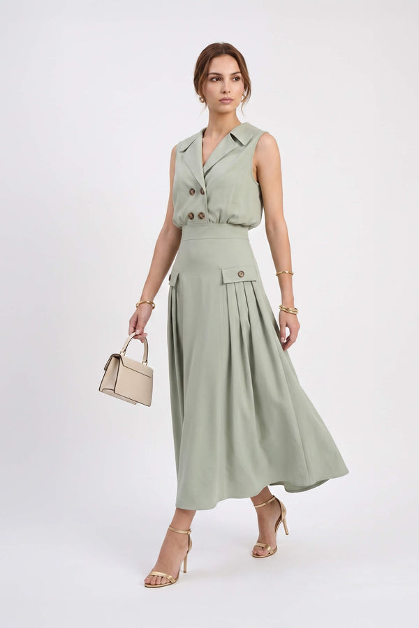 Antonia Notch-Lapel Double-Breasted Midi Vestido 526276MUS