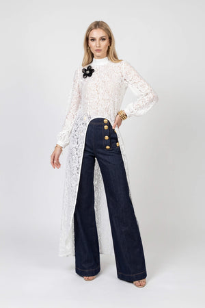 Elena High-Neck Floral Lace Maxi Vestido 554230 HUE