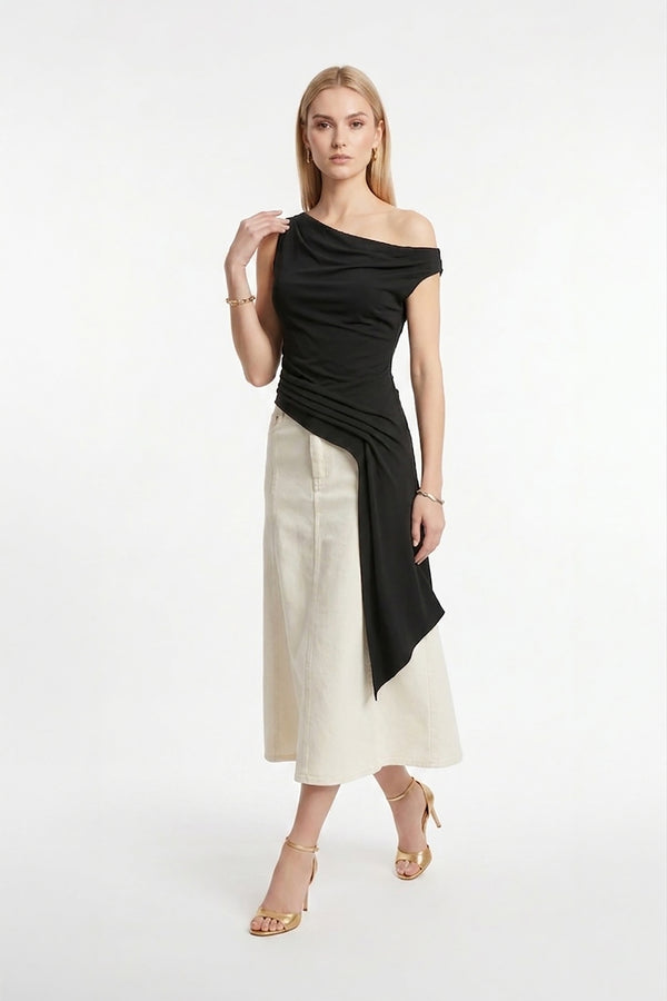 Inés Paneled Denim Midi Skirt