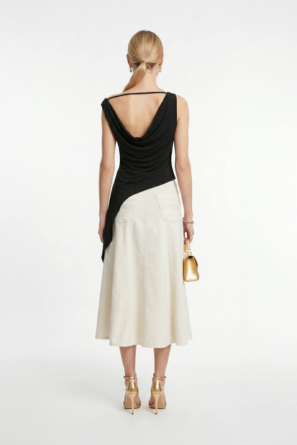 Inés Paneled Denim Midi Skirt