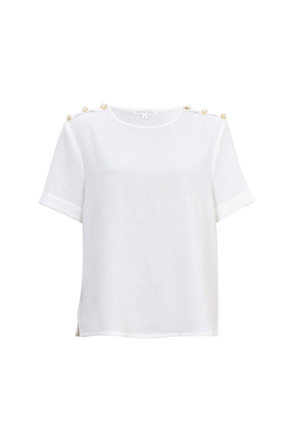 Bianca Shoulder-Button Short-Sleeve Blusa 554322