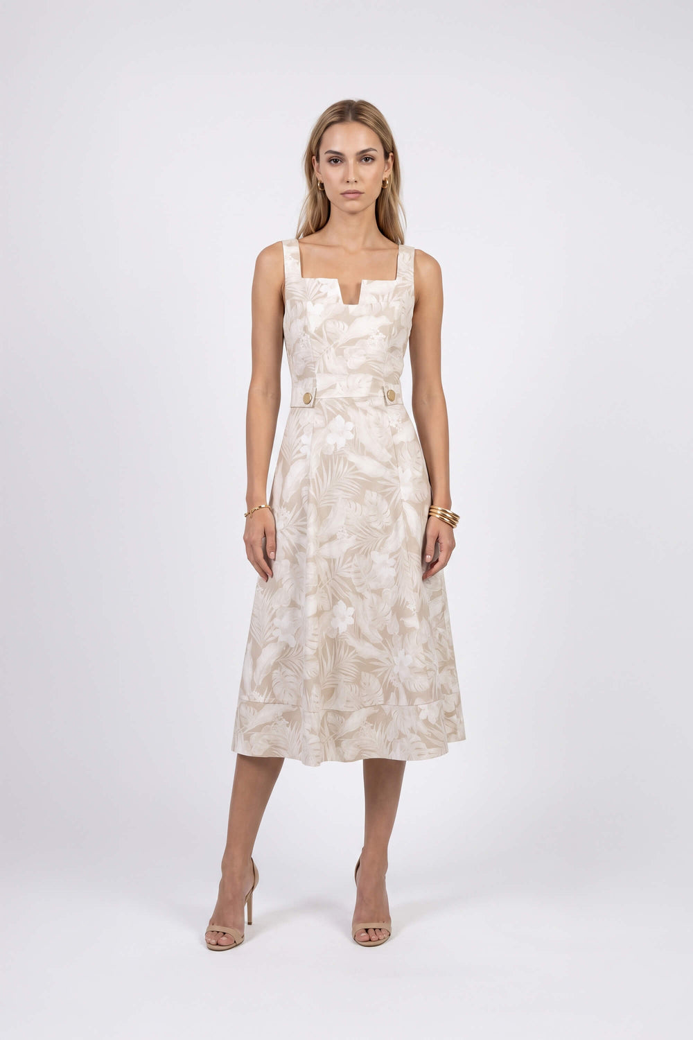 Julieta Notch Square Neck Midi Vestido 723008 BEI