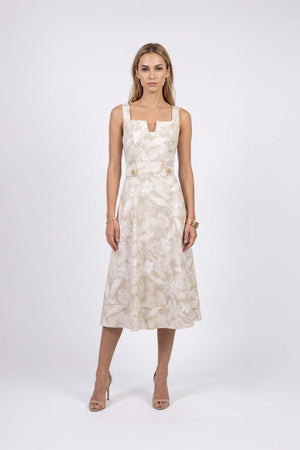 Julieta Notch Square Neck Midi Vestido 723008 BEI