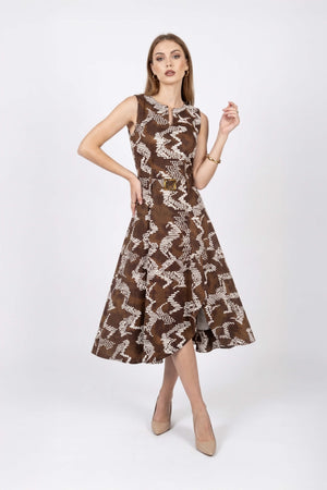 Camila Printed Belted Asymmetric Midi Vestido 723104 CAF