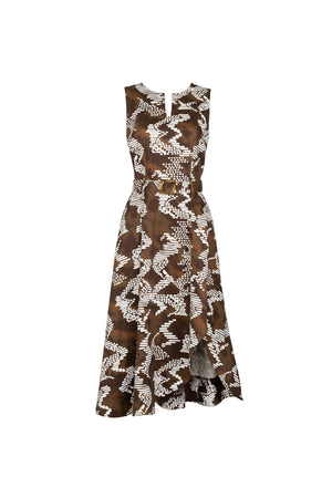Camila Printed Belted Asymmetric Midi Vestido 723104 CAF