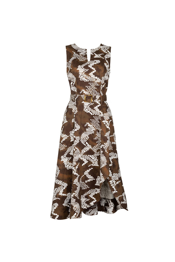 Camila Printed Belted Asymmetric Midi Vestido 723104 CAF