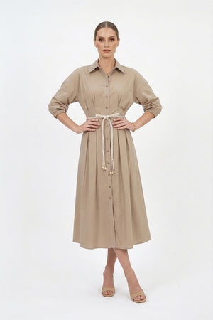 Bianca Tassel-Belted Denim Midi Shirt Dress