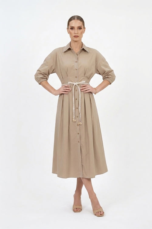 Bianca Tassel-Belted Denim Midi Shirt Dress