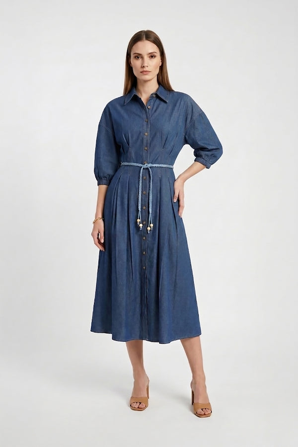 Bianca Tassel-Belted Denim Midi Shirt Dress