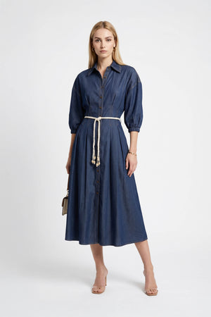 Bianca Tassel-Belted Denim Midi Shirt Dress