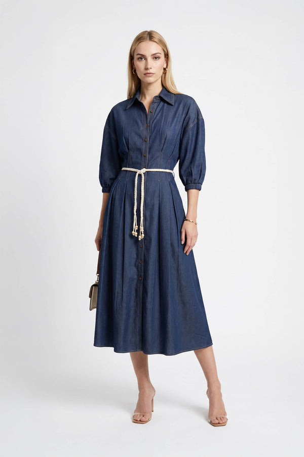 Bianca Tassel-Belted Denim Midi Shirt Dress