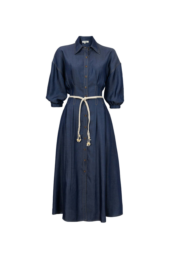 Bianca Tassel-Belted Denim Midi Shirt Dress