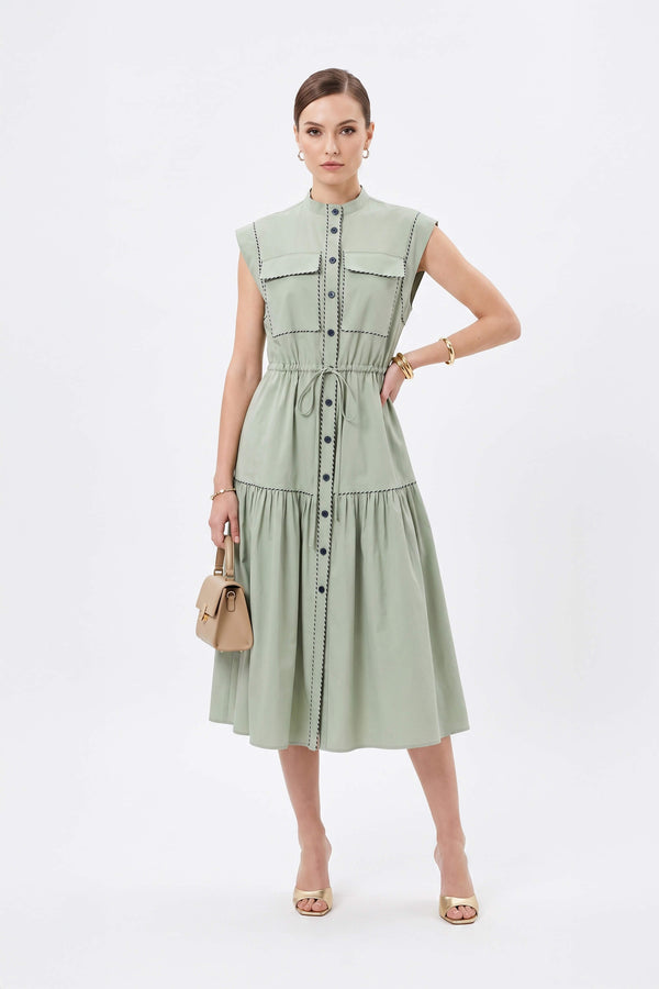Leonor Contrast-Piping Button-Front Vestido 723160MUS