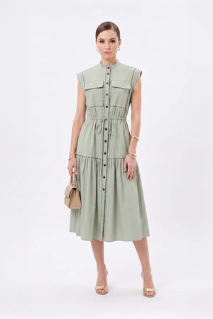 Leonor Contrast-Piping Button-Front Vestido 723160MUS
