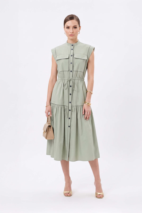 Leonor Contrast-Piping Button-Front Vestido 723160MUS