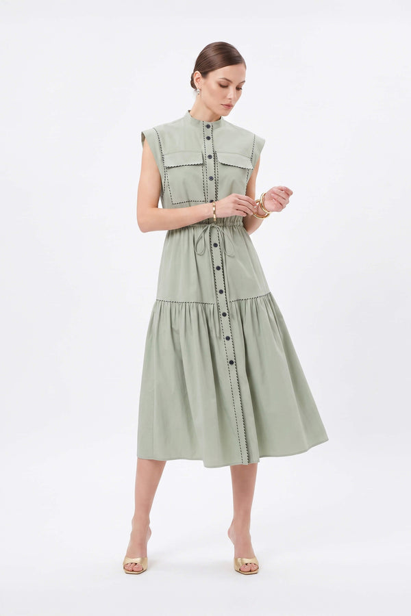 Leonor Contrast-Piping Button-Front Vestido 723160MUS