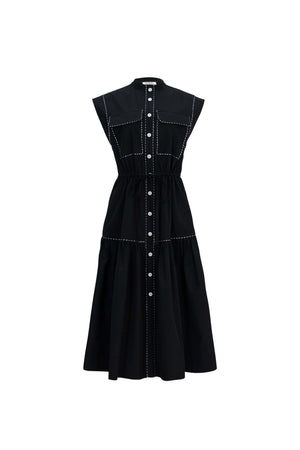 Leonor Contrast-Piping Button-Front Vestido 723160NEG