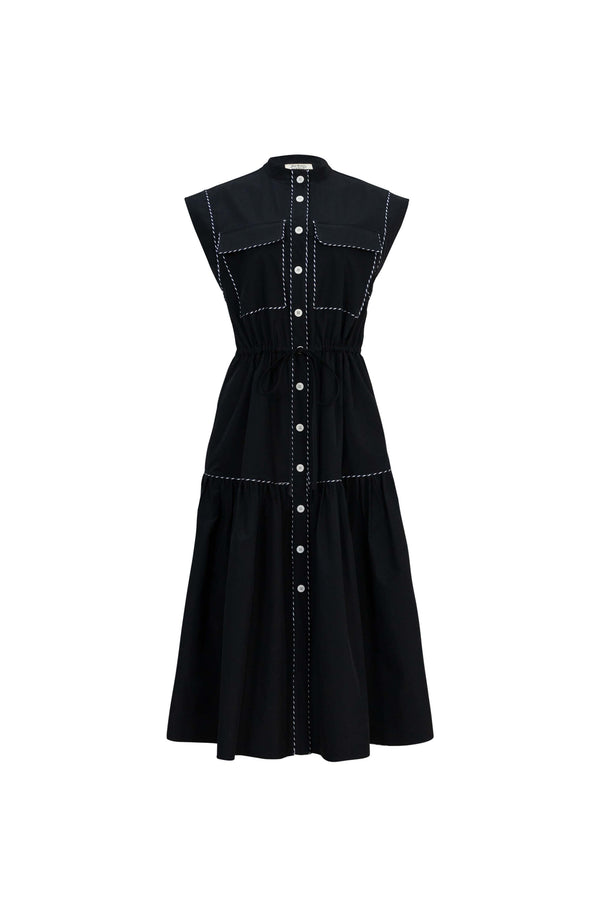 Leonor Contrast-Piping Button-Front Vestido 723160NEG