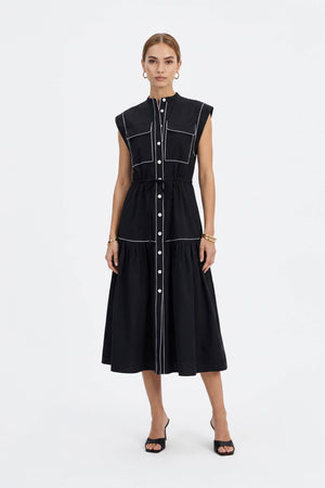 Leonor Contrast-Piping Button-Front Vestido 723160NEG
