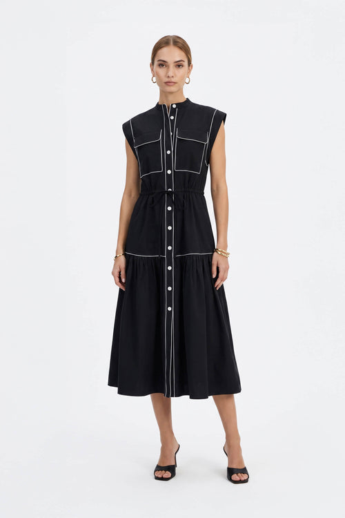 Leonor Contrast-Piping Button-Front Vestido 723160NEG