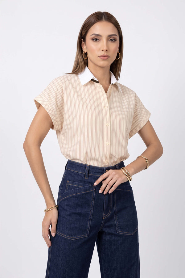 Nadia Striped Contrast Collar Camisa 752955 BEI