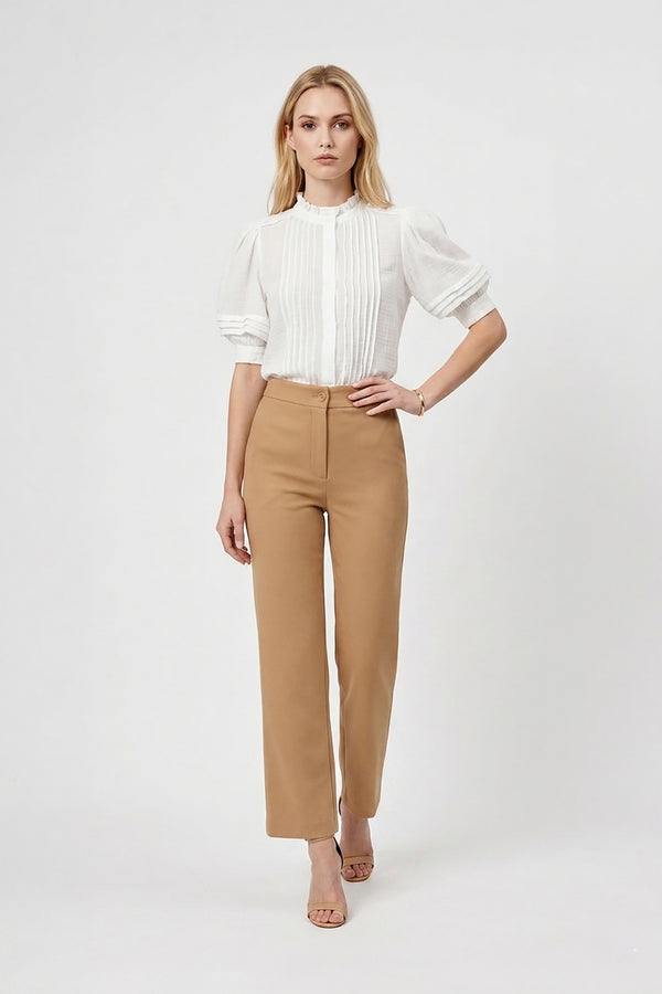 Olivia Ruffled High-Neck Pleated Short-Sleeve Blouse