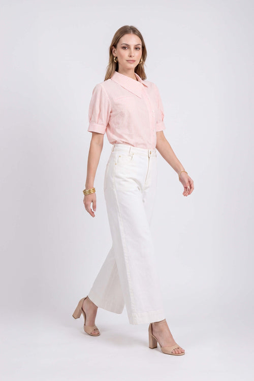 Beatrice Asymmetric Striped Puff Sleeve Blusa 752967 ROS