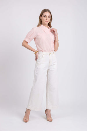Beatrice Asymmetric Striped Puff Sleeve Blusa 752967 ROS
