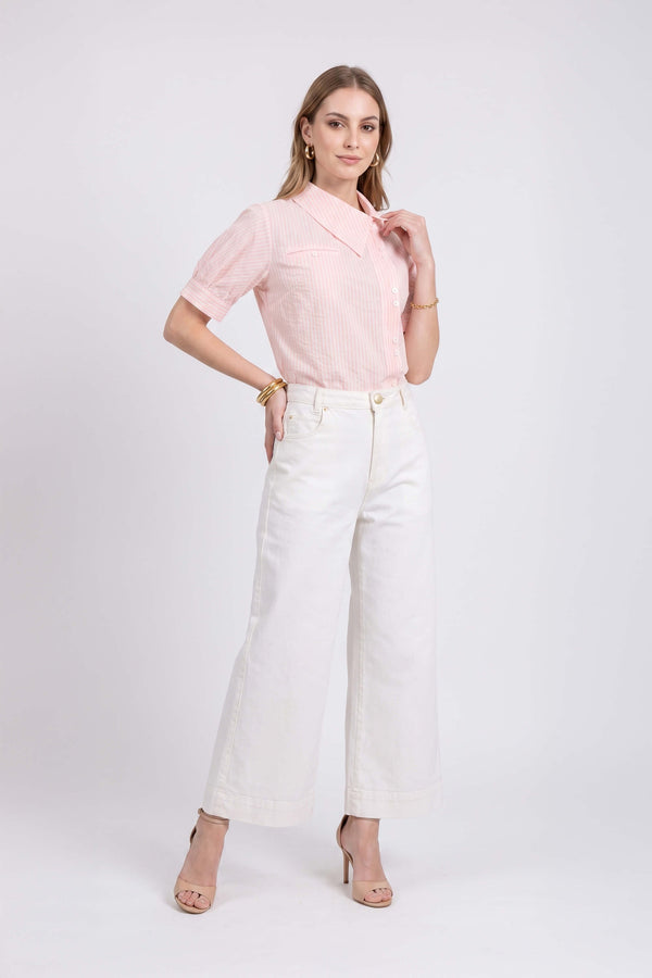 Beatrice Asymmetric Striped Puff Sleeve Blusa 752967 ROS