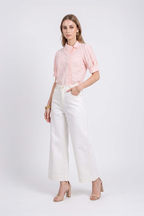 Beatrice Asymmetric Striped Puff Sleeve Blusa 752967 ROS