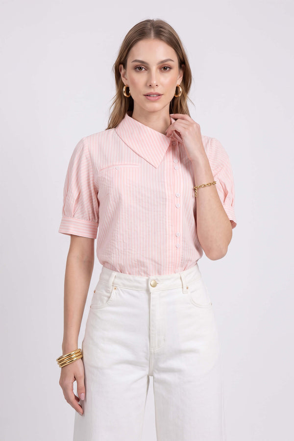 Beatrice Asymmetric Striped Puff Sleeve Blusa 752967 ROS