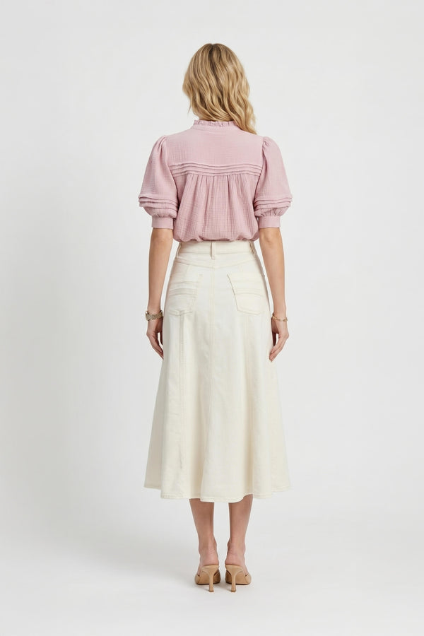 Olivia Ruffled High-Neck Pleated Short-Sleeve Blouse