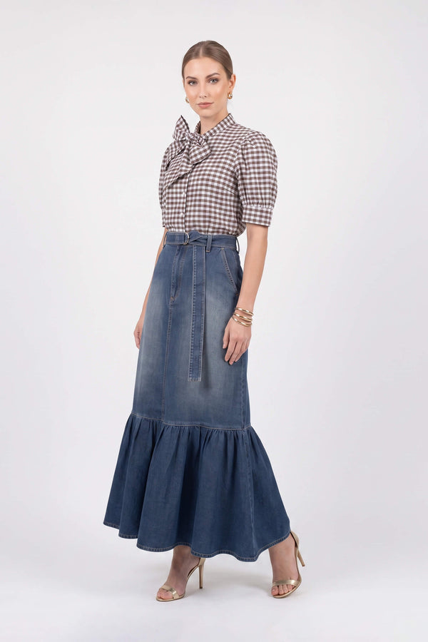 Elena Gingham Bow Puff Sleeve Blusa 753007 CAF