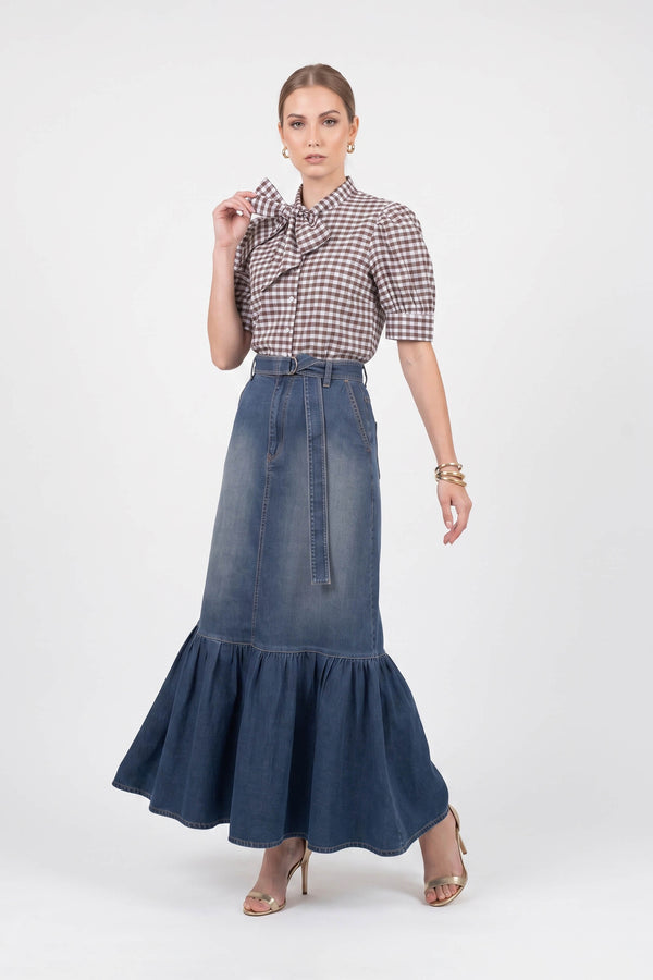 Elena Gingham Bow Puff Sleeve Blusa 753007 CAF