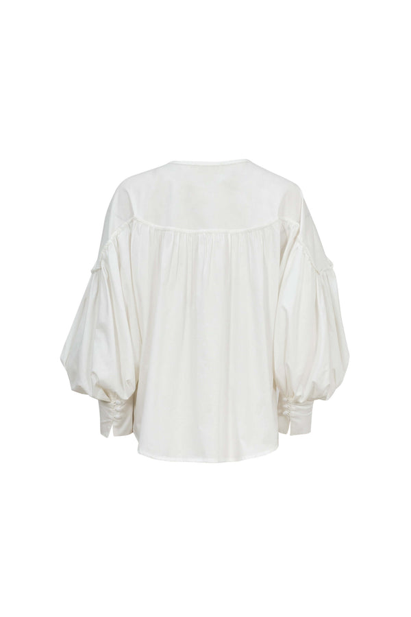 Dalia Puff-Sleeve Keyhole Cotton-Stretch Blouse