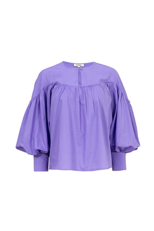Dalia Puff-Sleeve Keyhole Cotton-Stretch Blouse
