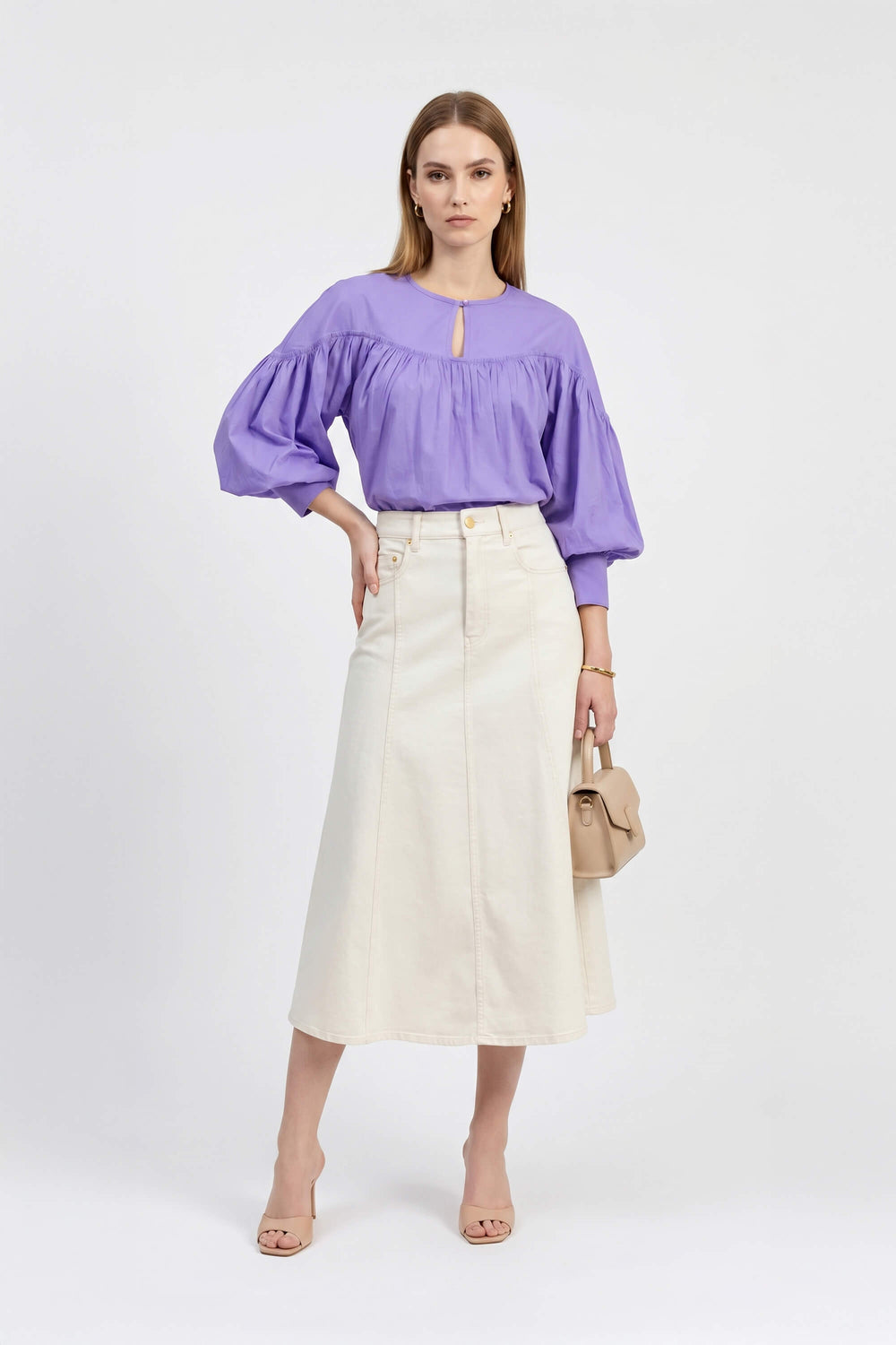 Dalia Puff-Sleeve Keyhole Cotton-Stretch Blouse