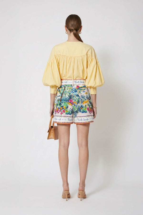 Dalia Puff-Sleeve Keyhole Cotton-Stretch Blouse
