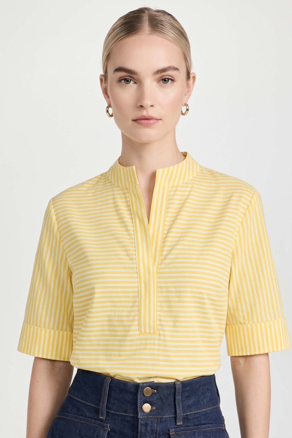 Alexa Mandarin-Collar Short-Sleeve Blusa